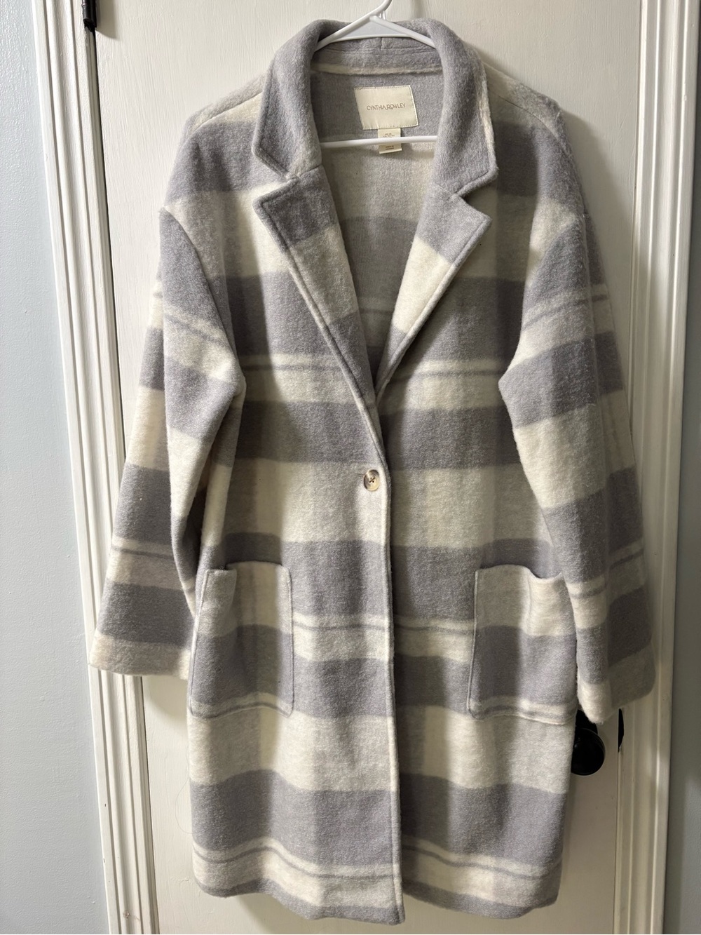 Cynthia Rowley Gray & Cream Plaid Wool Pea Coat
